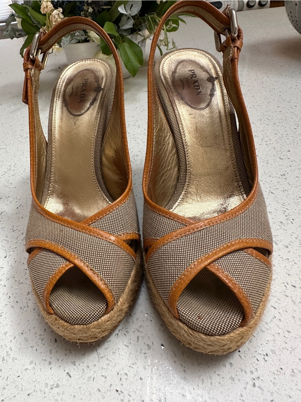 Prada Tan Canvas & Leather Peep-Toe Espadrille Wedges